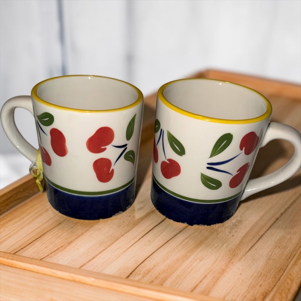 Vintage Dansk Cherry Mugs Set of 2 Handpainted Ceramic Coffee Cups